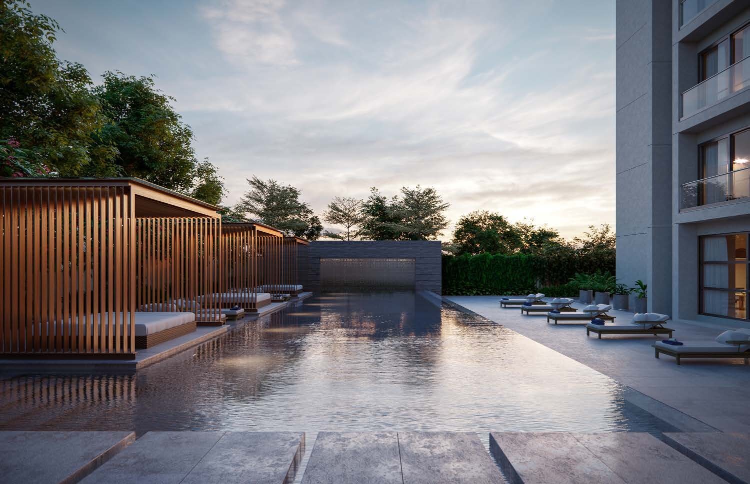 Swimming pool at dusk