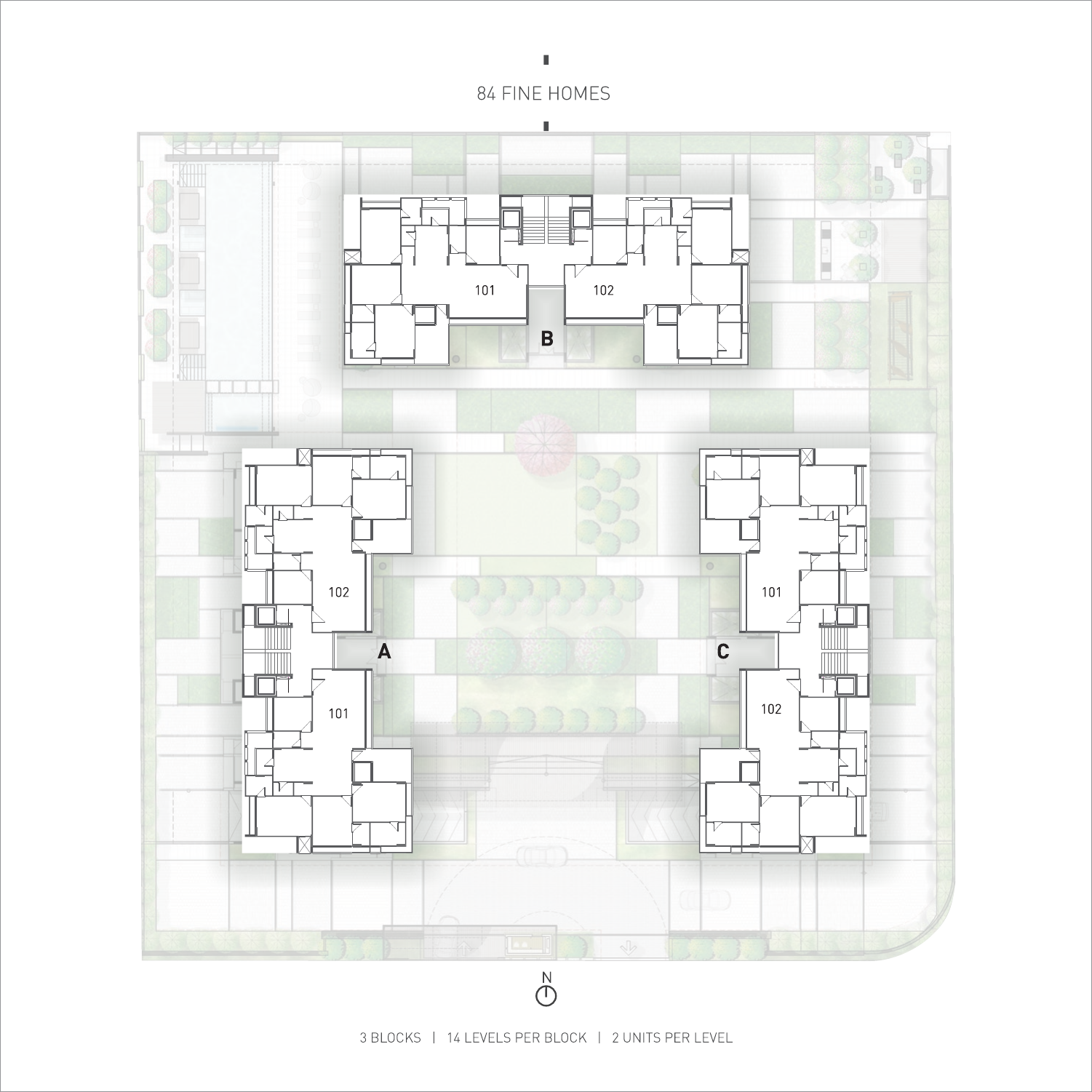 Master site plan — 84 fine homes across blocks A, B, C